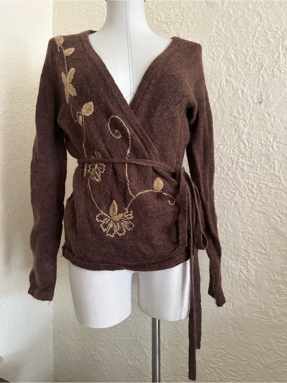 Vintage Torrid Brown Embroidered Wrap Sweater Boho Mohair 1X